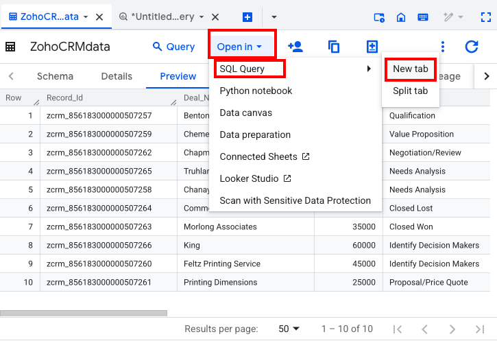 Google BigQuery SQL Query tab