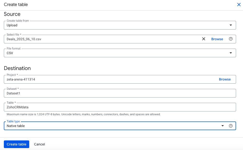Google BigQuery Create table
