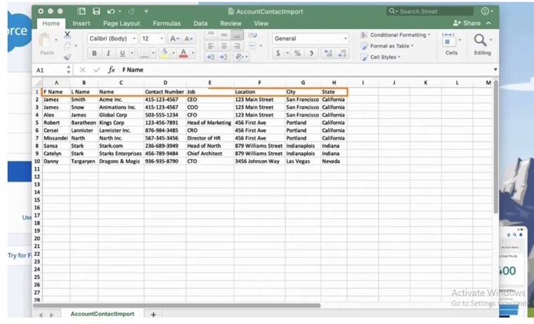 Example CSV file