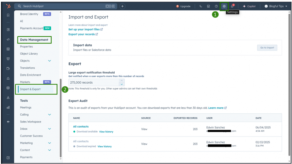 Import Export HubSpot