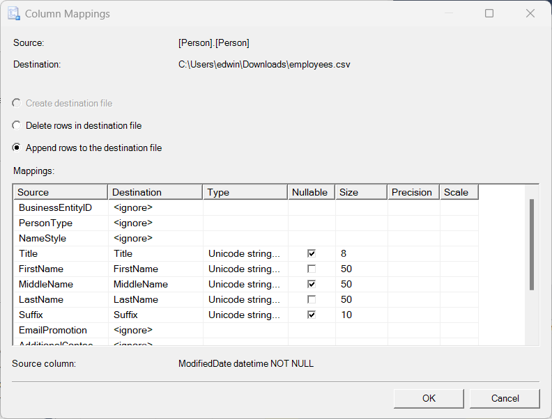 SQl Server Column Mappings