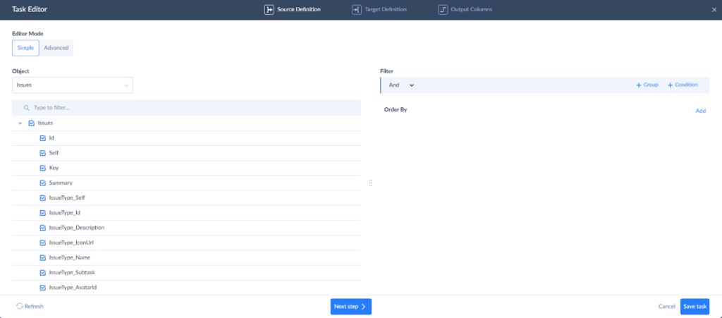 Task editor Source settings