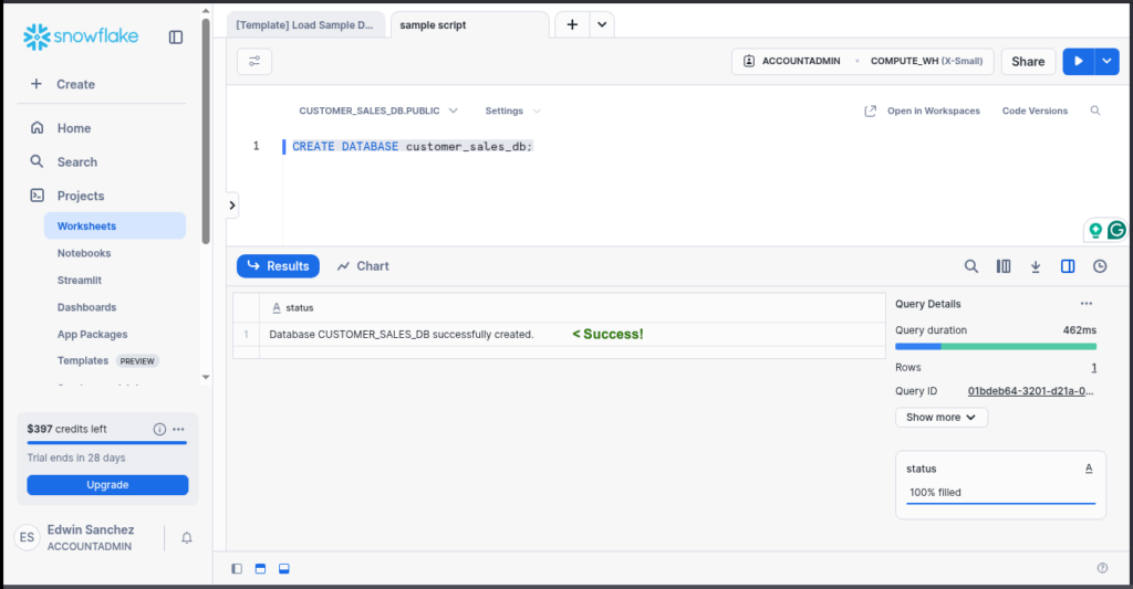 Snowflake create database