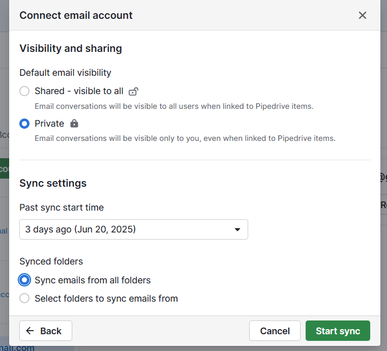 Pipedrive Email sync settings