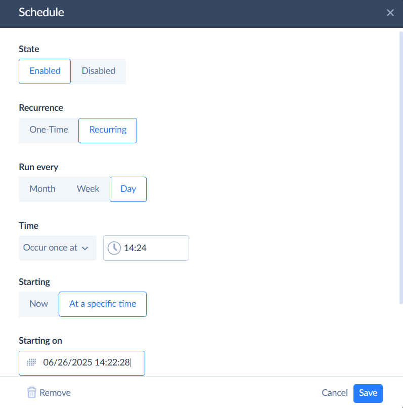 Integration scheduling menu in Skyvia