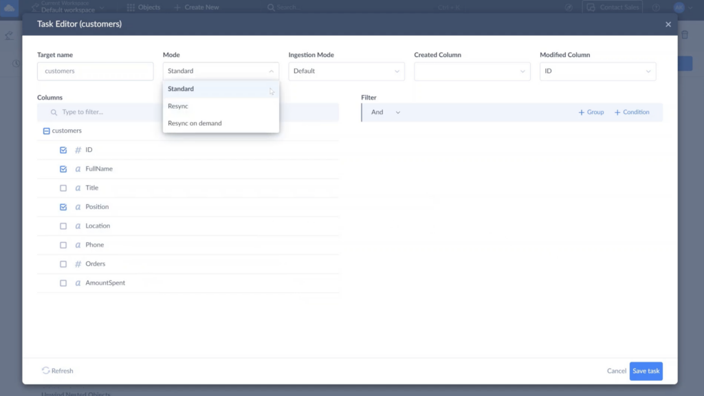 Skyvia Replication Task Editor