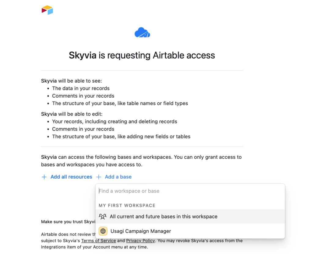 Skyvia Request for an Airtable Base Access