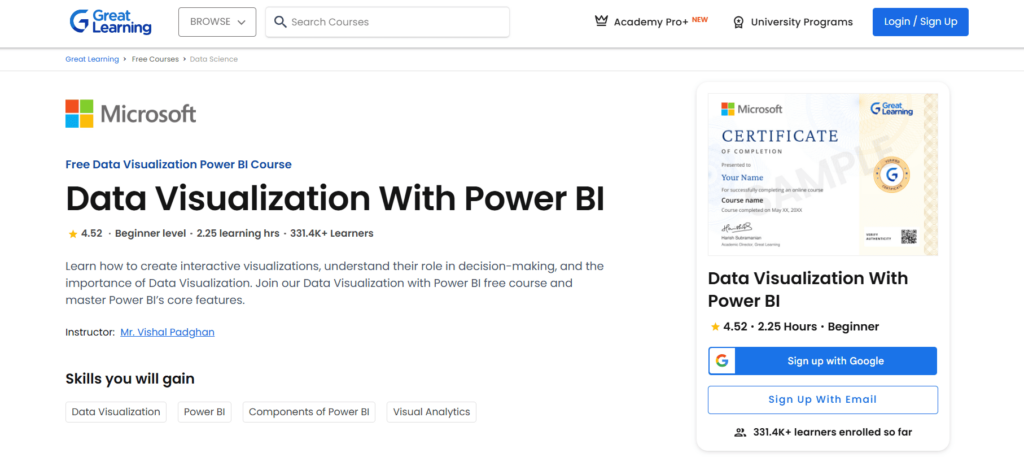 Data Visualization With Power BI Page on Great Learning