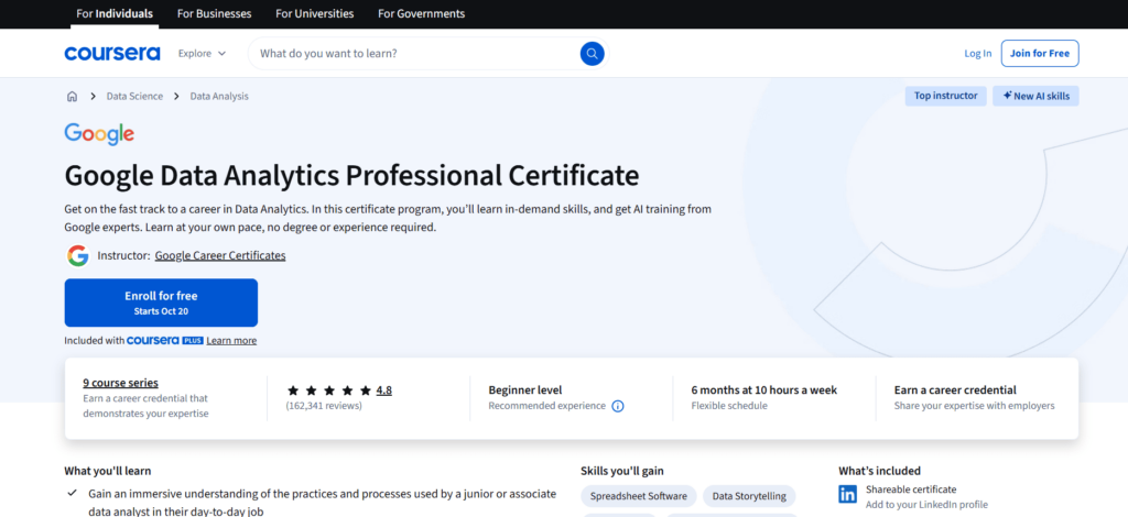 Google Data Analytics Professional Certificate Page on Coursera