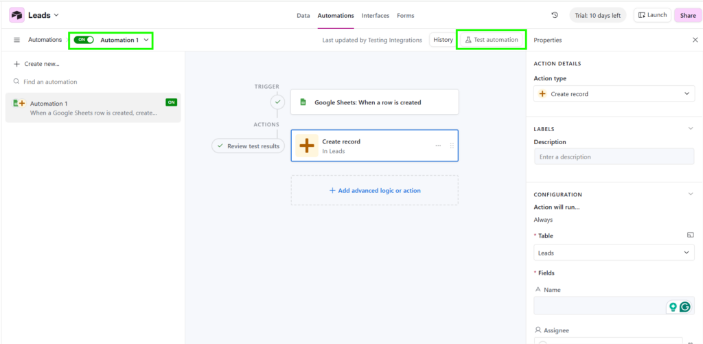 Airtable-Google Sheets Syncing Automation Settings
