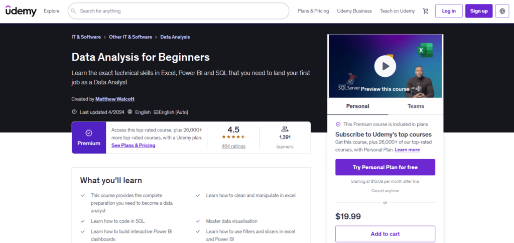 Introduction to Data Analysis for Beginners Page on Udemy