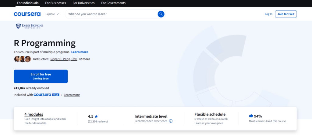 Johns Hopkins University: R Programming Page on Coursera