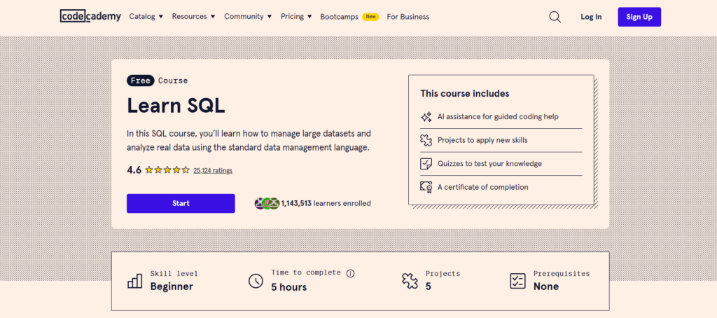 Learn SQL Page on Codecademy