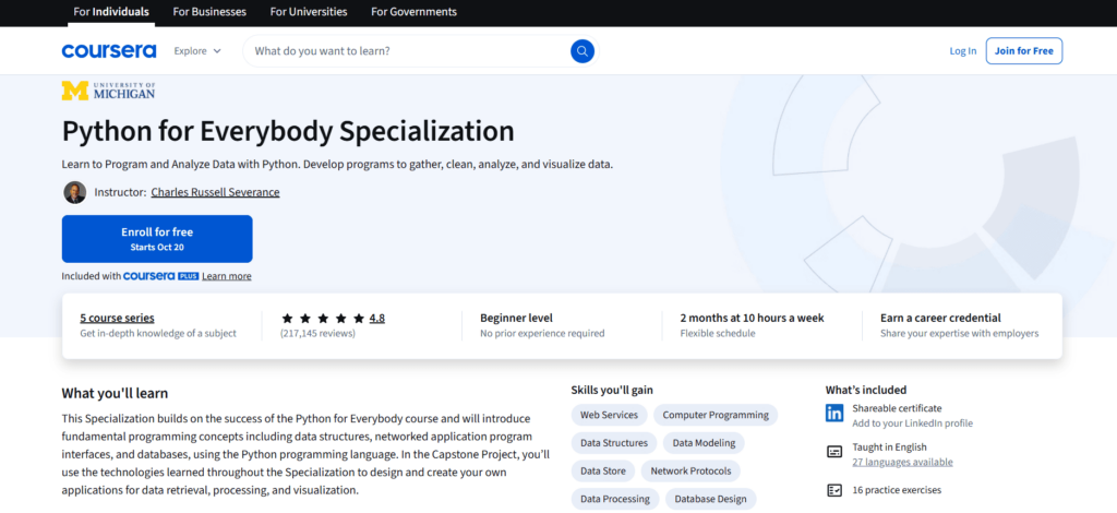 University of Michigan: Python for Everybody Page on Coursera