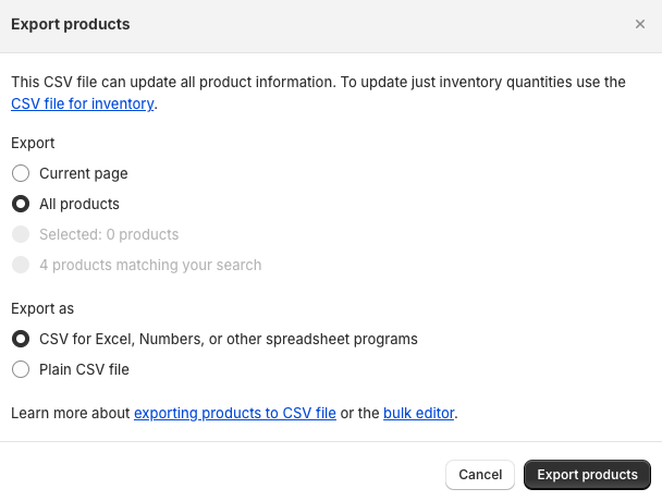 Exports Products in Shopify