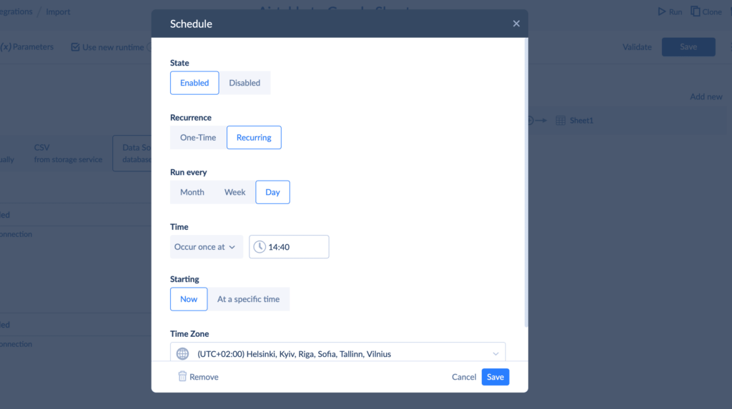 Import Schedule in Skyvia