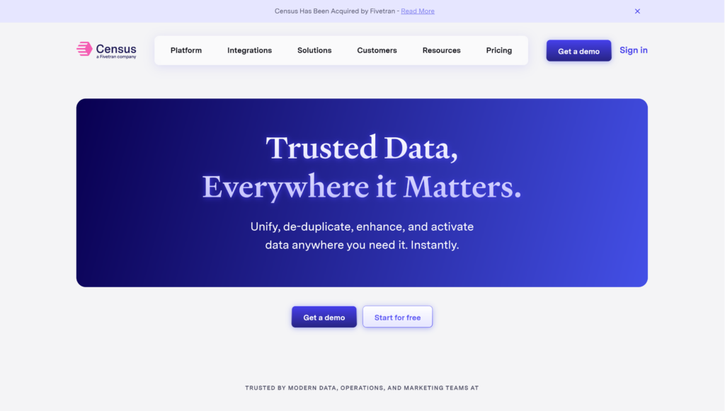 Census starting page Census starting page highlighting the platform's functionality for data workflows.