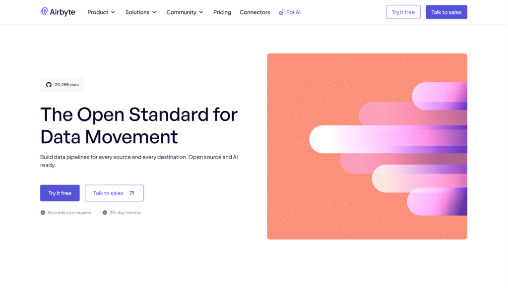 Airbyte starting page Airbyte starting page highlighting the platform's open source standards for data movement