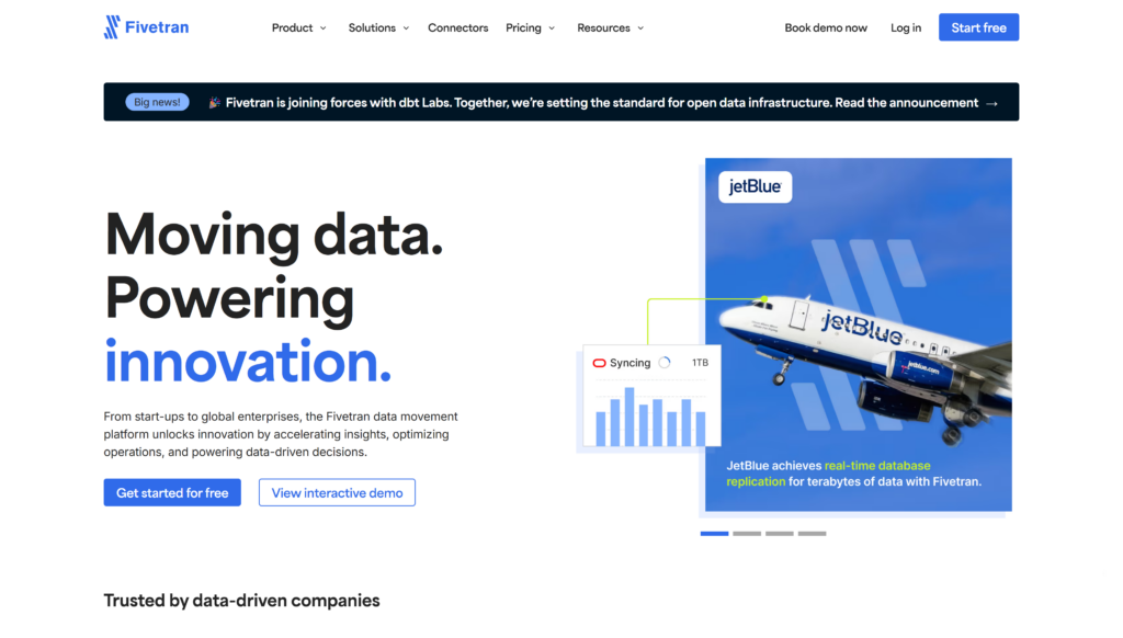 Fivetran starting page Fivetran starting page highlighting the platform's functionality in data movement