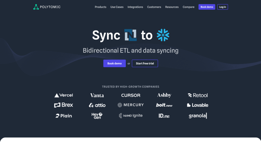 Polytomic starting page Polytomic starting page highlighting the platform's functionality in bidirectional ETL and data syncing