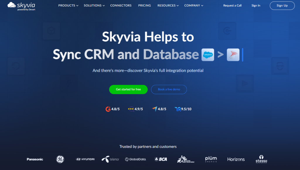 Skyvia starting page Skyvia starting page highlighting the platform's data integration functionality
