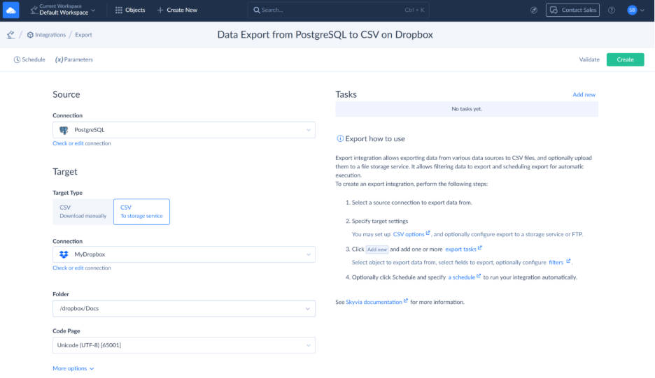 How to Set Up Data Export from PostgreSQL to CSV on MyDropbox in Skyvia Data Export from PostgreSQL to CSV on MyDropbox in Skyvia