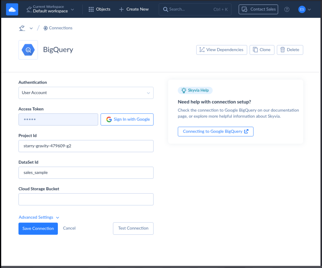 Skyvia connection BigQuery
