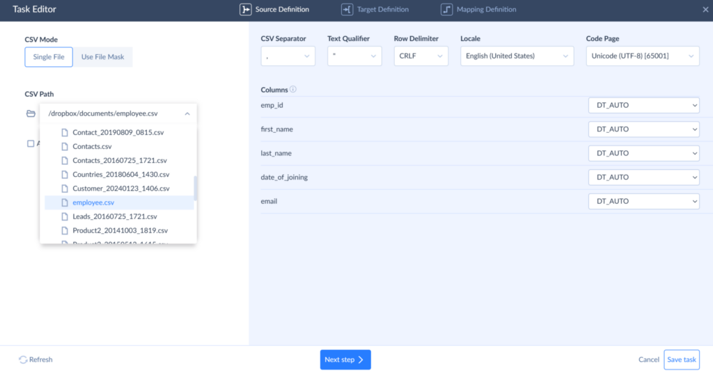 How to define a source for Skyvia Import Skyvia Task Editor