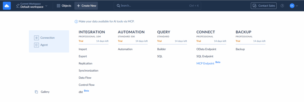 How to Create a New MCP Endpoint in SKyvia via +Create New Menu Creating a New MCP Endpoint in Skyvia